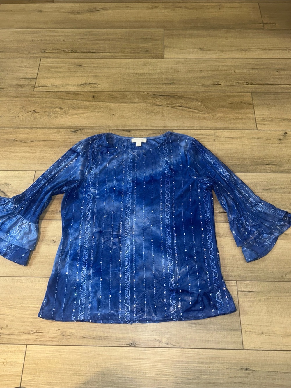 Coral Bay Top Celestial Mystical Fairy Boho Flounce Sleeve Sequence Stretch L